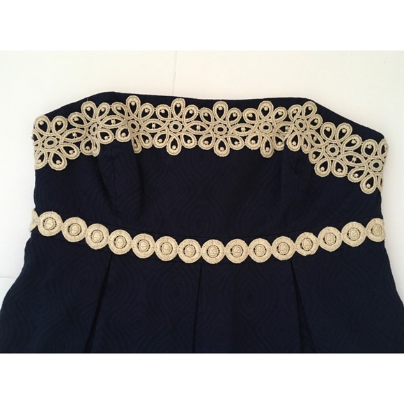 Lilly Pulitzer Betsey Navy Blue and Gold Jacquard Strapless Dress Size 8 - Picture 3 of 16